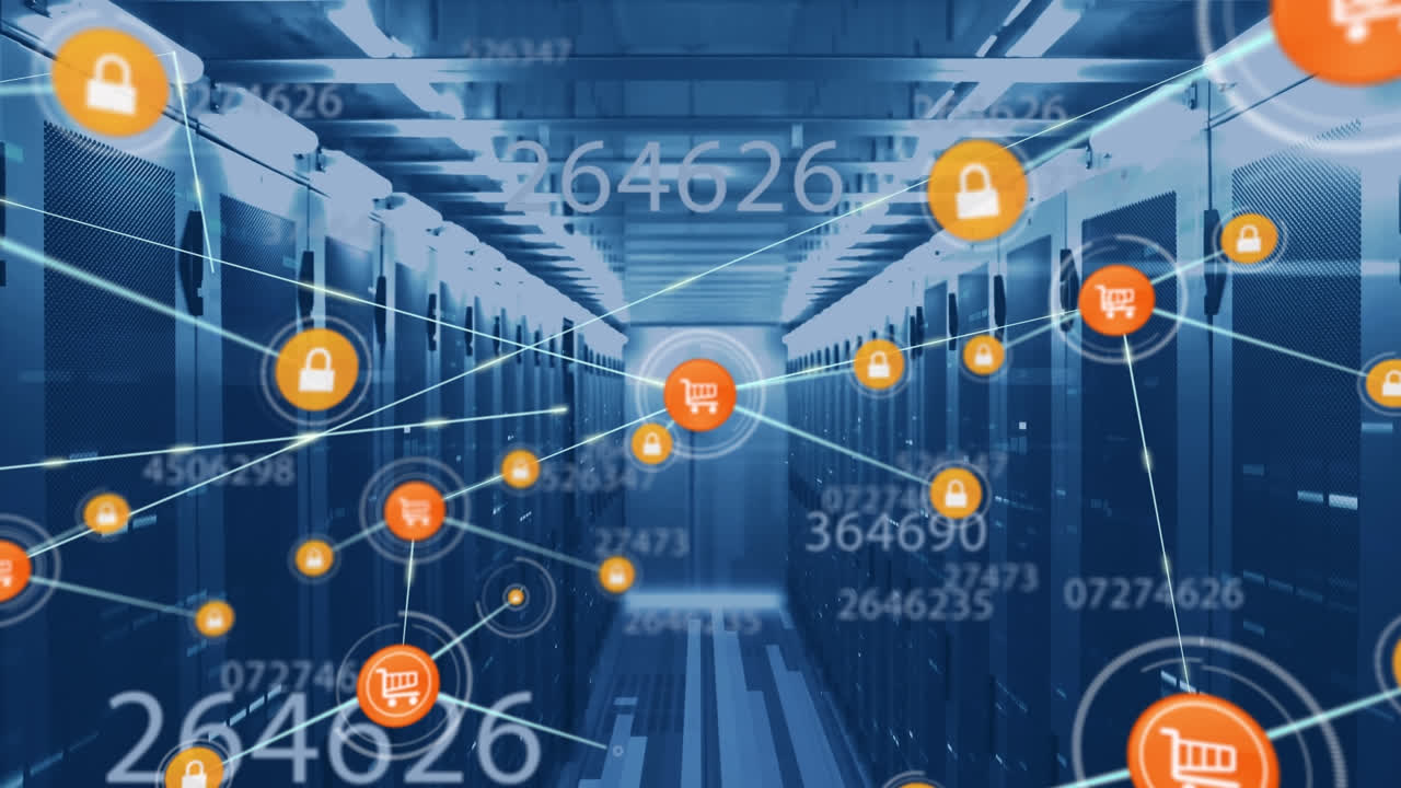 animación de la red de conexiones con iconos y números digitales a través de servidores informáticos