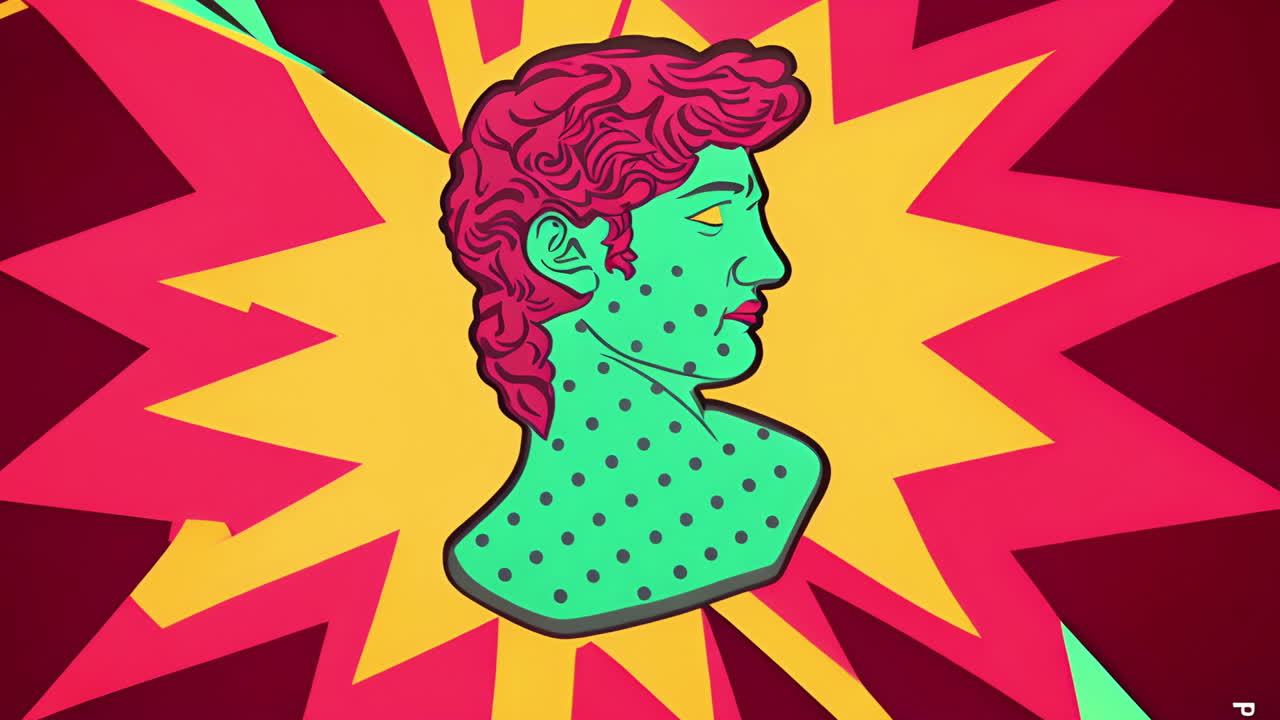 Colorful pop art animation of classical statue head over vibrant starburst background