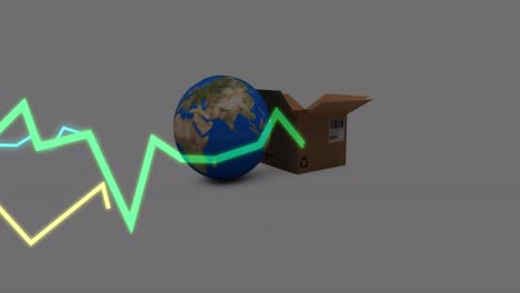 Animation-Der-Statistikverarbeitung-Mit-Linien-über-Globus-Und-Karton-Auf-Grauem-Hintergrund