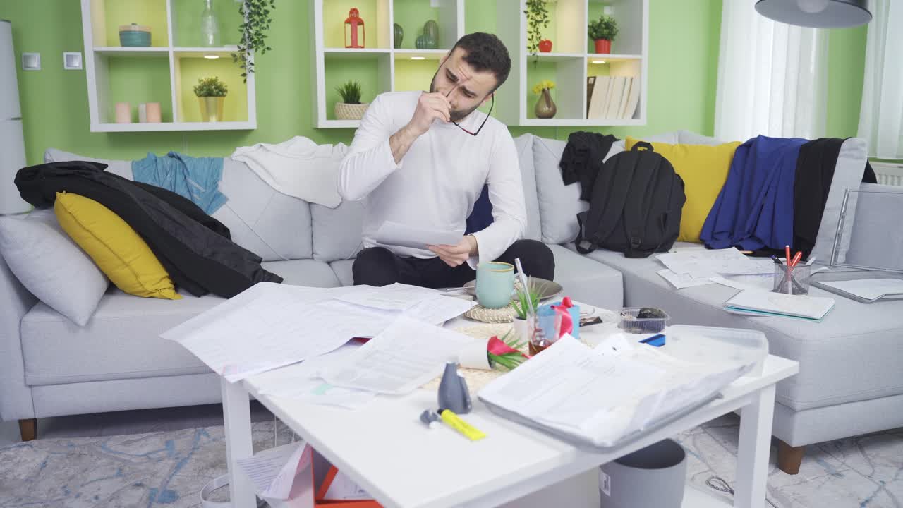 el hombre perezoso sufre de desorden en casa.