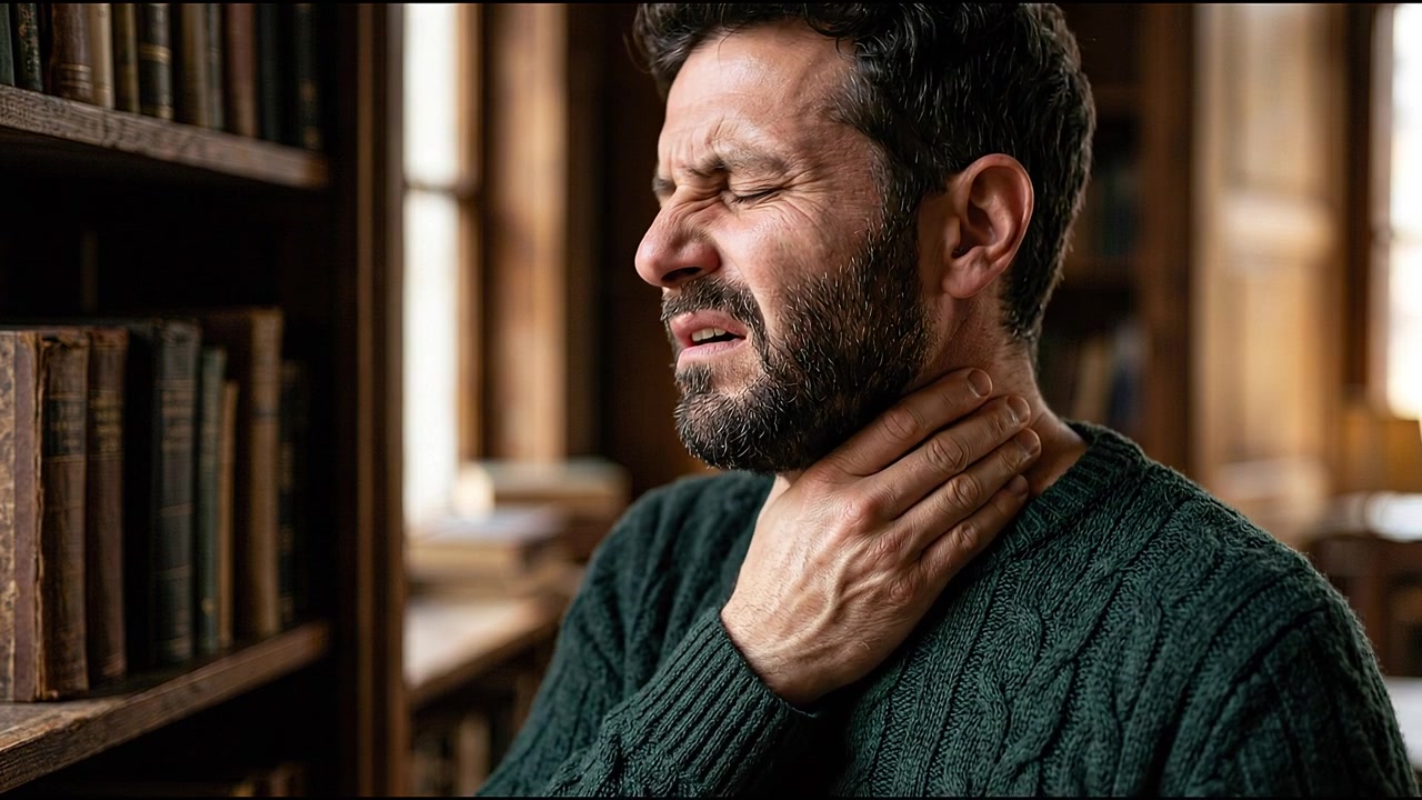Uomo adulto che soffre di tensione e dolore al collo