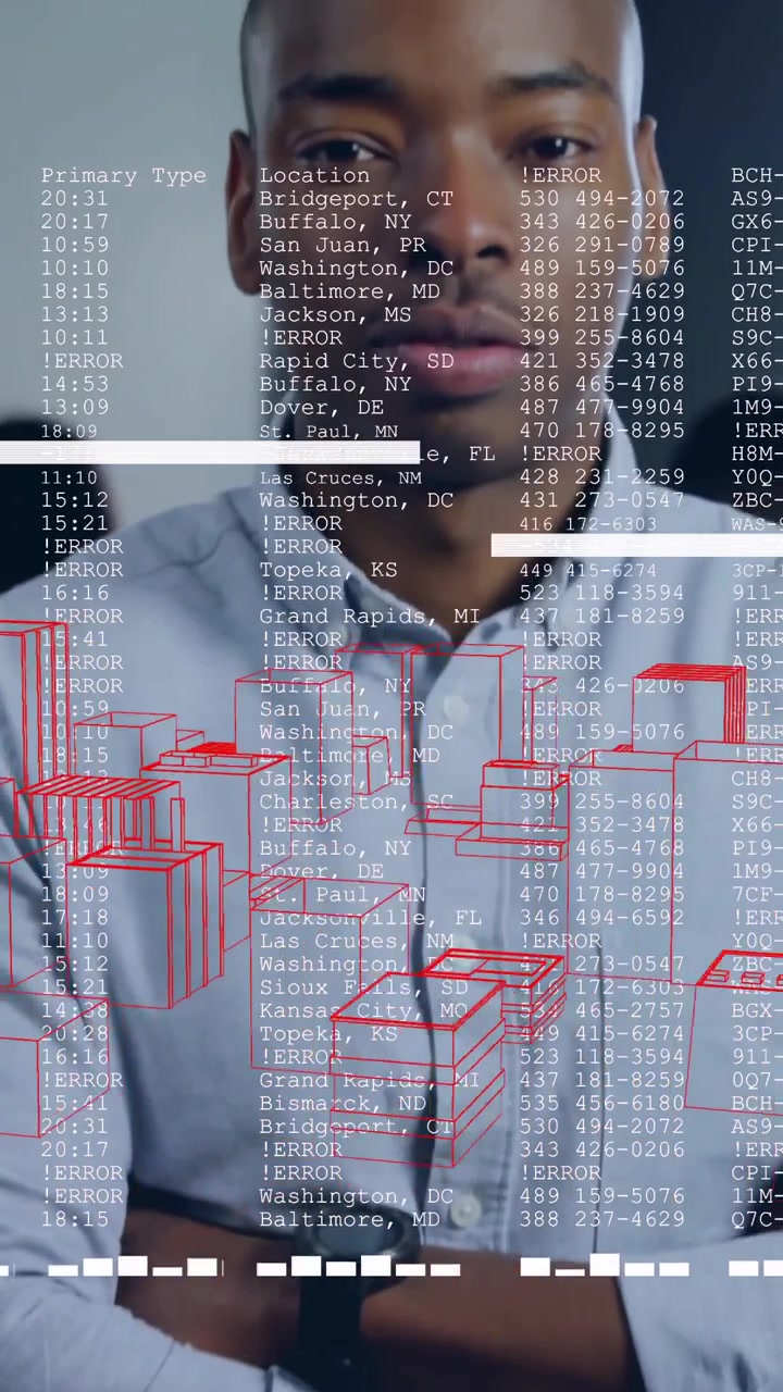 Businessman in office with data processing and 3D building animation overlay