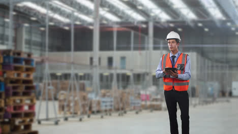 Caucasian-man-wearing-an-orange-high-vest-and-hat-in-a-factory-using-a-tablet