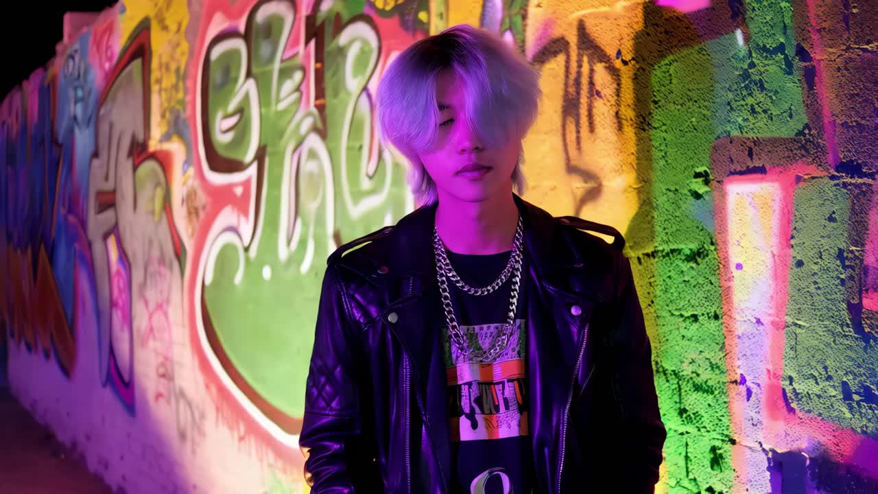 joven posando contra una pared de graffiti