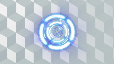 animation of glowing white and blue circular scope rotating, on grey block pattern