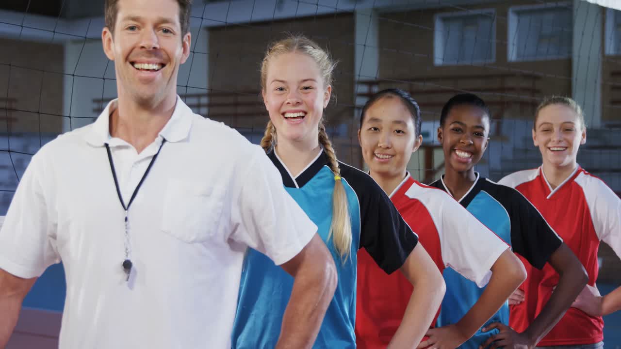 Male coach and volleyball players standing in a row 4k