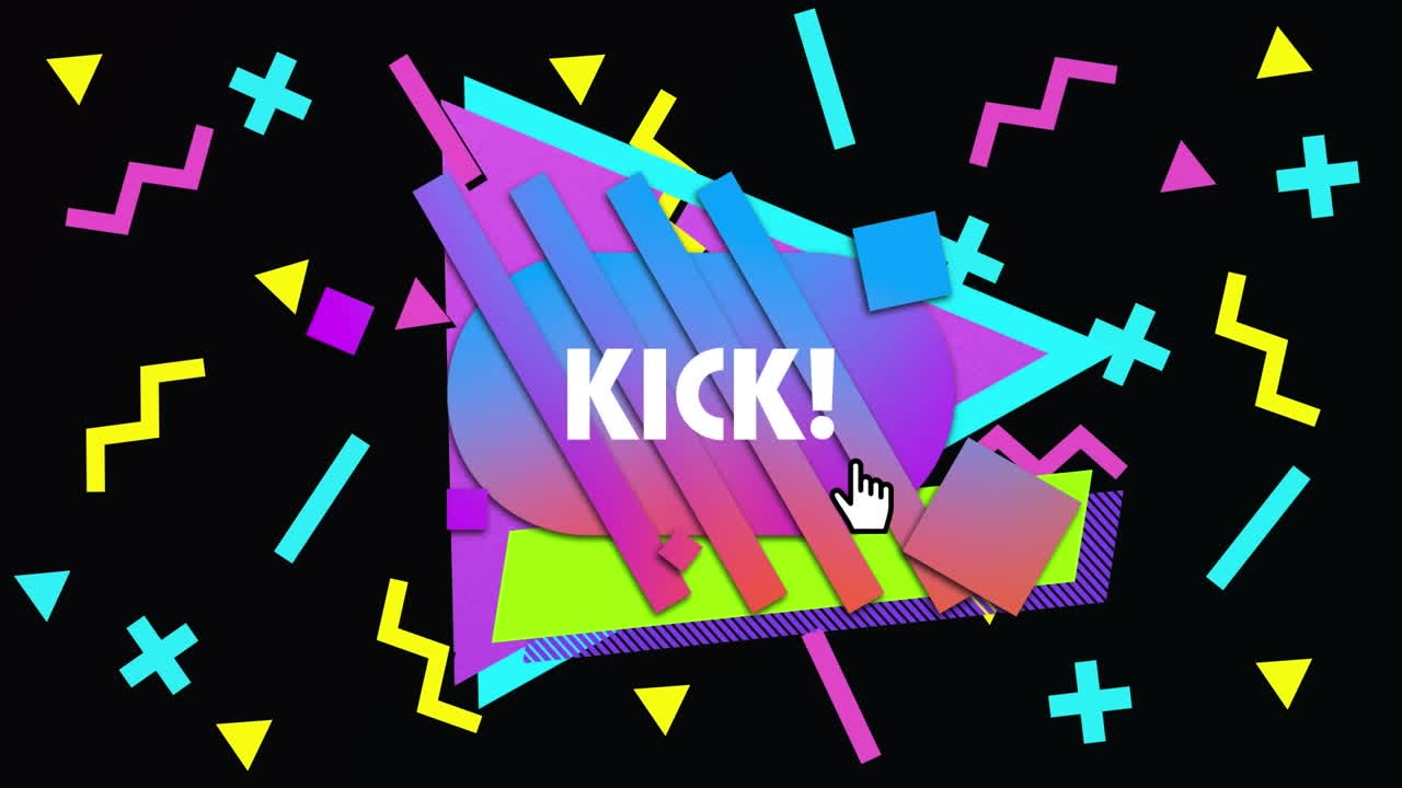 animación de texto de patada sobre formas abstractas que se mueven sobre un fondo negro