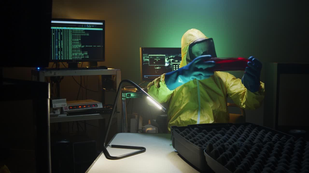 bioterrorista examina una botella de líquido peligroso