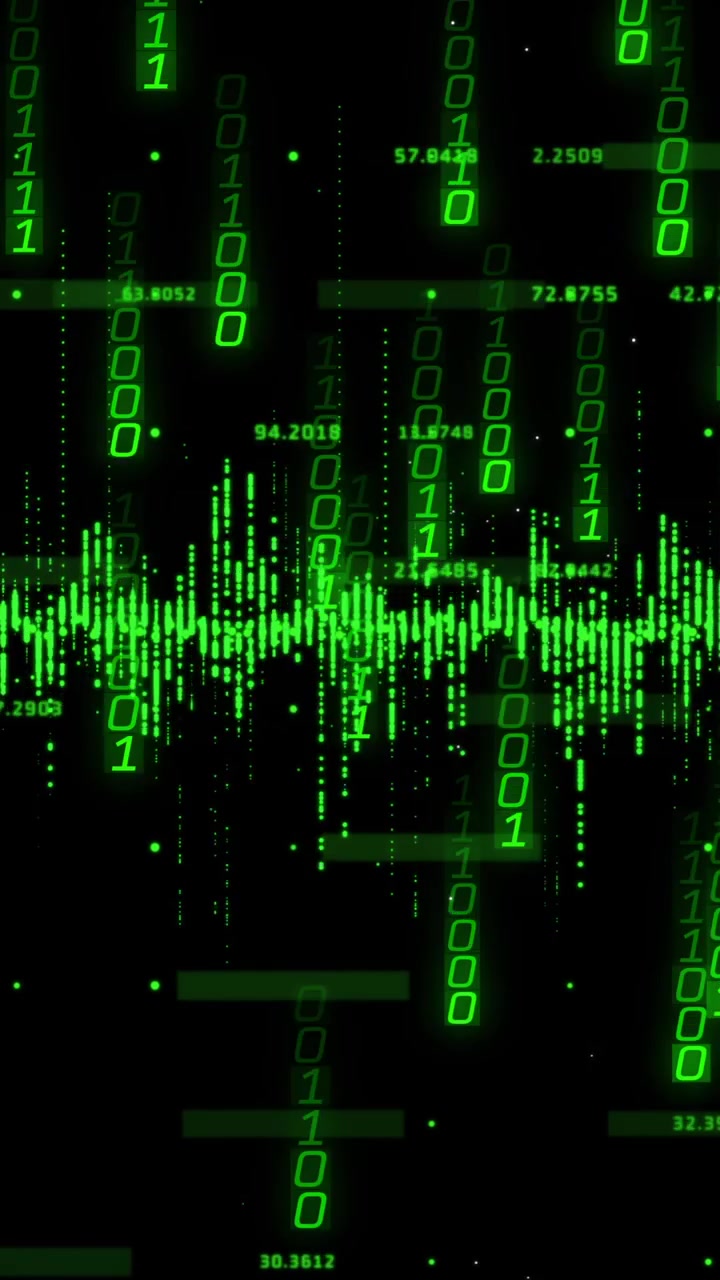 Animation of binary coding and data processing over black background