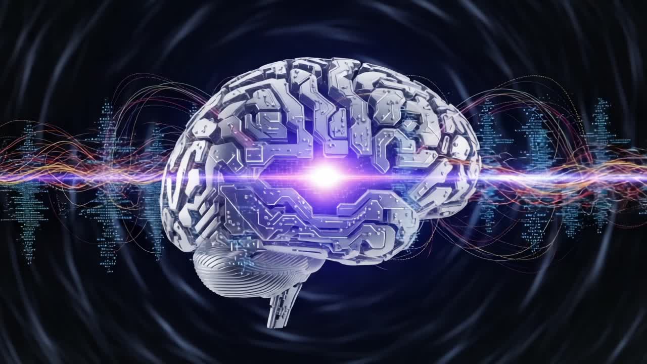Exploring the Fusion of Technology and Neuroscience: A Visually Stunning Depiction of a Brain Integrated with Circuitry and Data Flow Dynamics