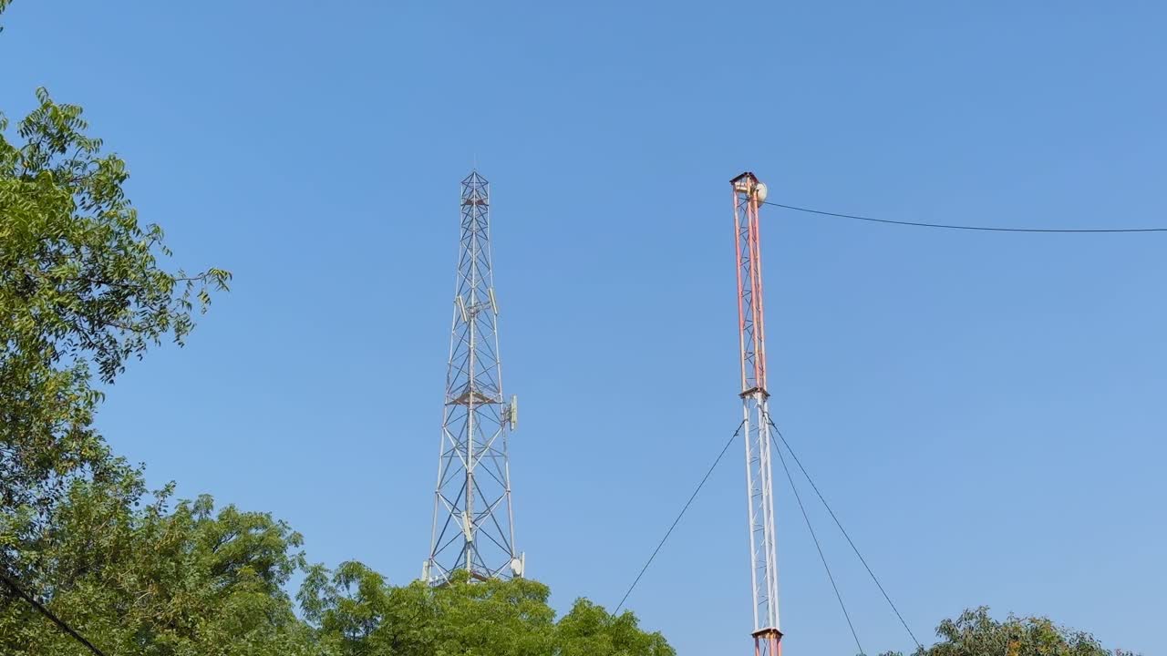 Two tall communication towers rise above surrounding trees, their metal frames and cables silhouetted sharply against a bright, cloudless blue sky in a static view