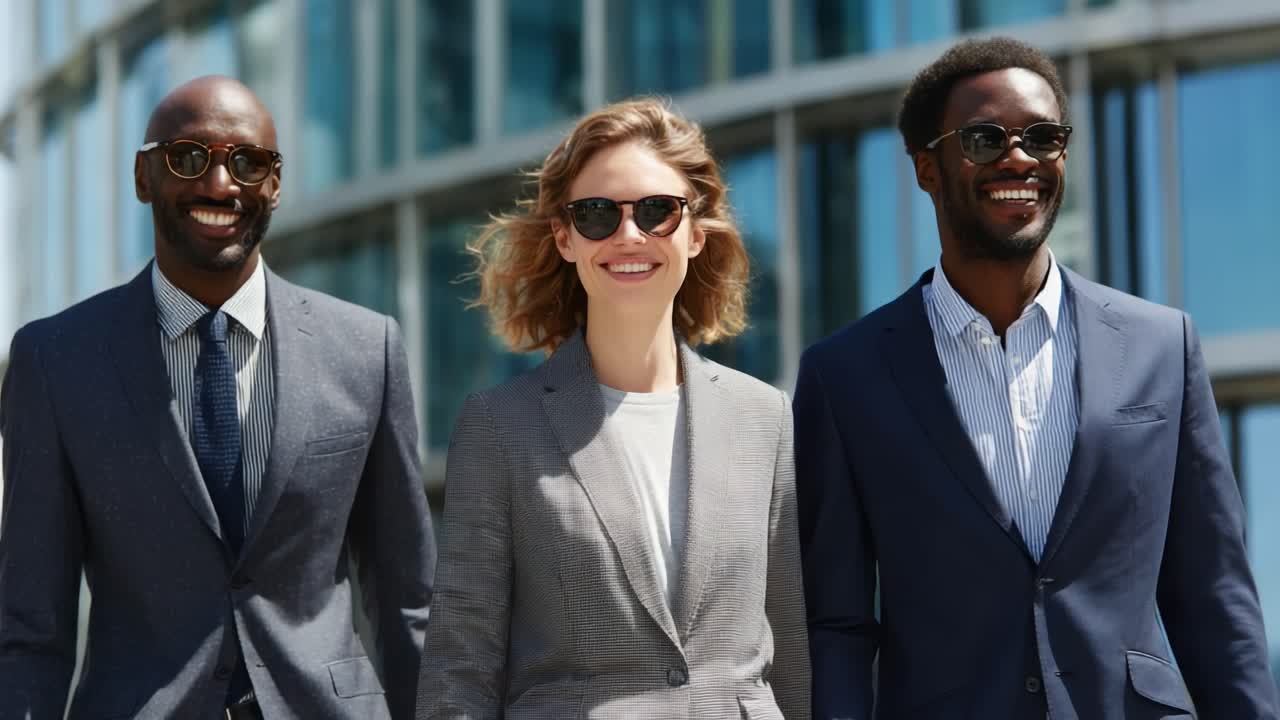 Stylish Professionals Enjoying a Sunny Day Outside, Showcasing Modern Fashion Trends in Business Attire with Sunglasses and Smiles on Their Faces