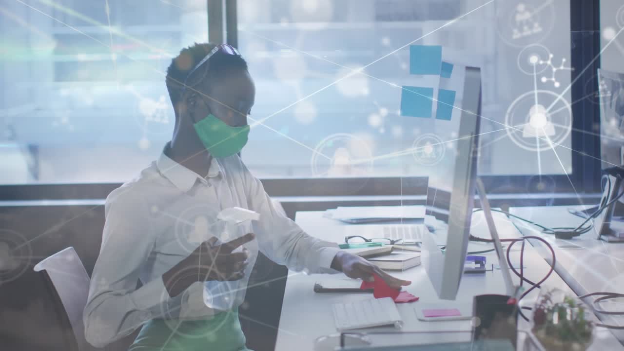 Animated global business network connecting diverse office workers digitally
