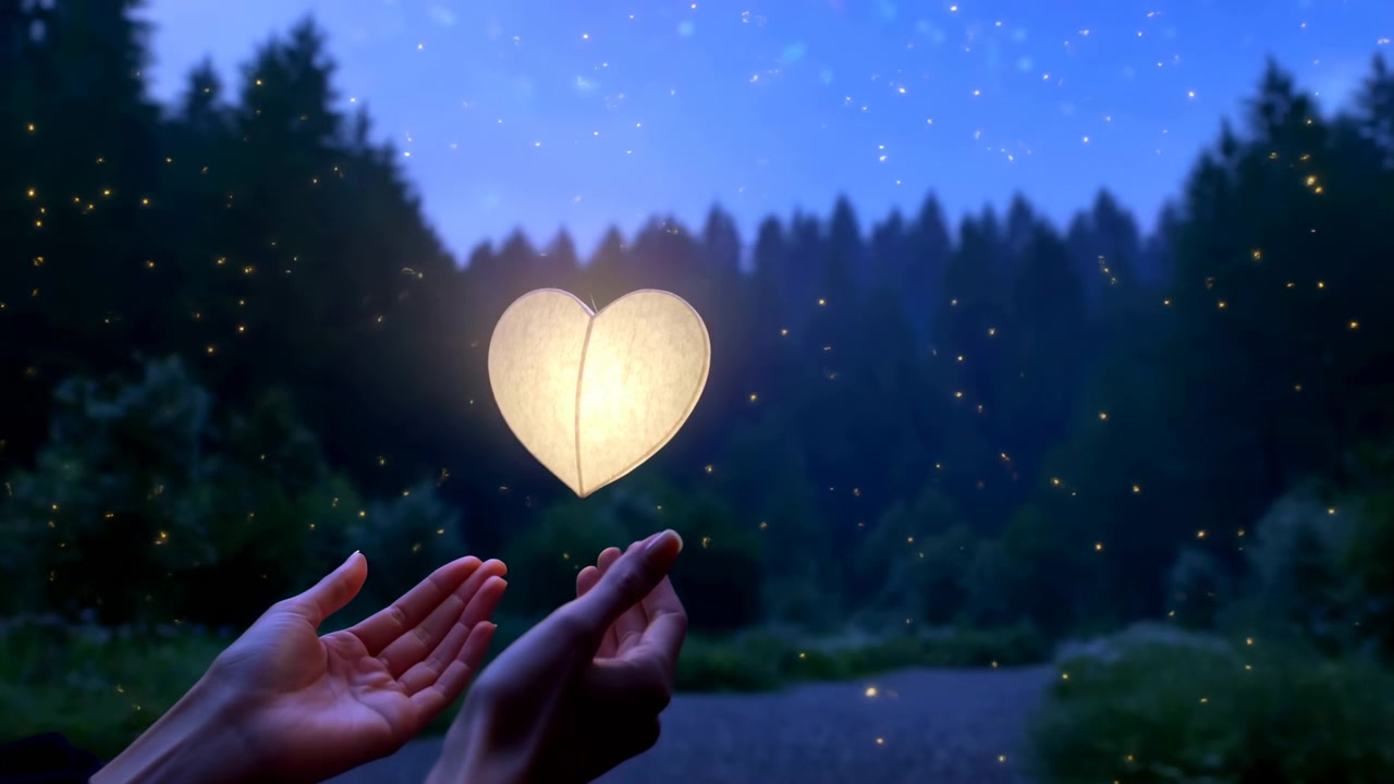 Secuencia de inicio a mitad mostrando dos manos en el primer plano inferior izquierdo presentando suavemente una luz brillante en forma de corazón, con un bosque oscuro de pinos y grava