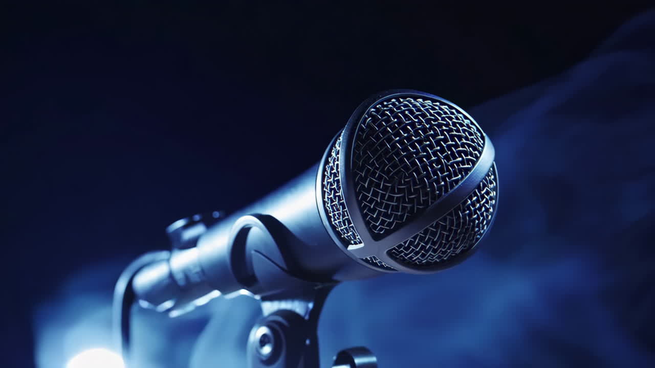 Microphone on stage with blue smoke