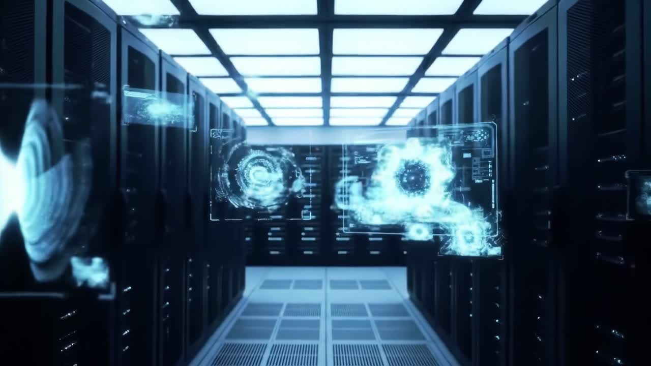 Discover a high-tech data center filled with glowing screens and intricate digital displays. The environment showcases cutting-edge technology and a vibrant atmosphere, evoking a sense of innovation.