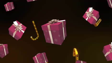 animación de regalos y bastones de caramelo sobre un fondo negro