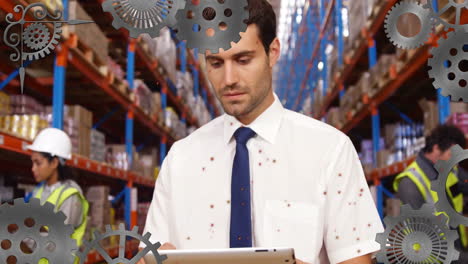 in warehouse, worker using tablet with animation of gears overlaying scene
