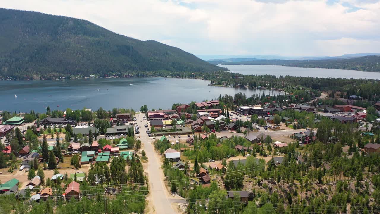 Maisemallinen dronen näkymä Grand Lake Coloradosta, jossa näkyy rantamariini, järvenrantamajoitus, ikivihreitä rinteitä ja laaja vuoristoinen maasto kirkkaan sinisen taivaan alla