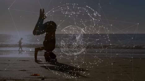 Animation-of-networks-of-connections-with-globe-over-caucasian-woman-praciticing-yoga-on-beach