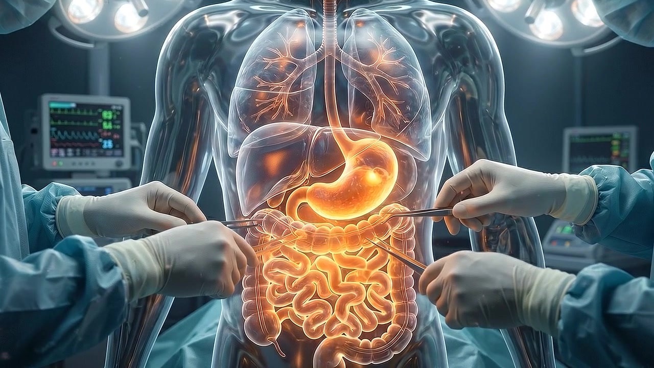 Chirurghi che eseguono un'operazione su un modello anatomico umano trasparente