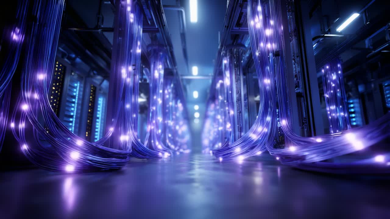 Illuminated Cable Pathways in a Modern Data Center: A Fascinating View of Fiber Optic Cables and LED Lights Creating a Captivating Atmosphere in a High-Tech Environment