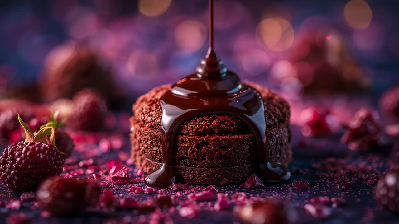 Pouring chocolate sauce nozzle drenching chocolate cake coating sides on table, with raspberries
