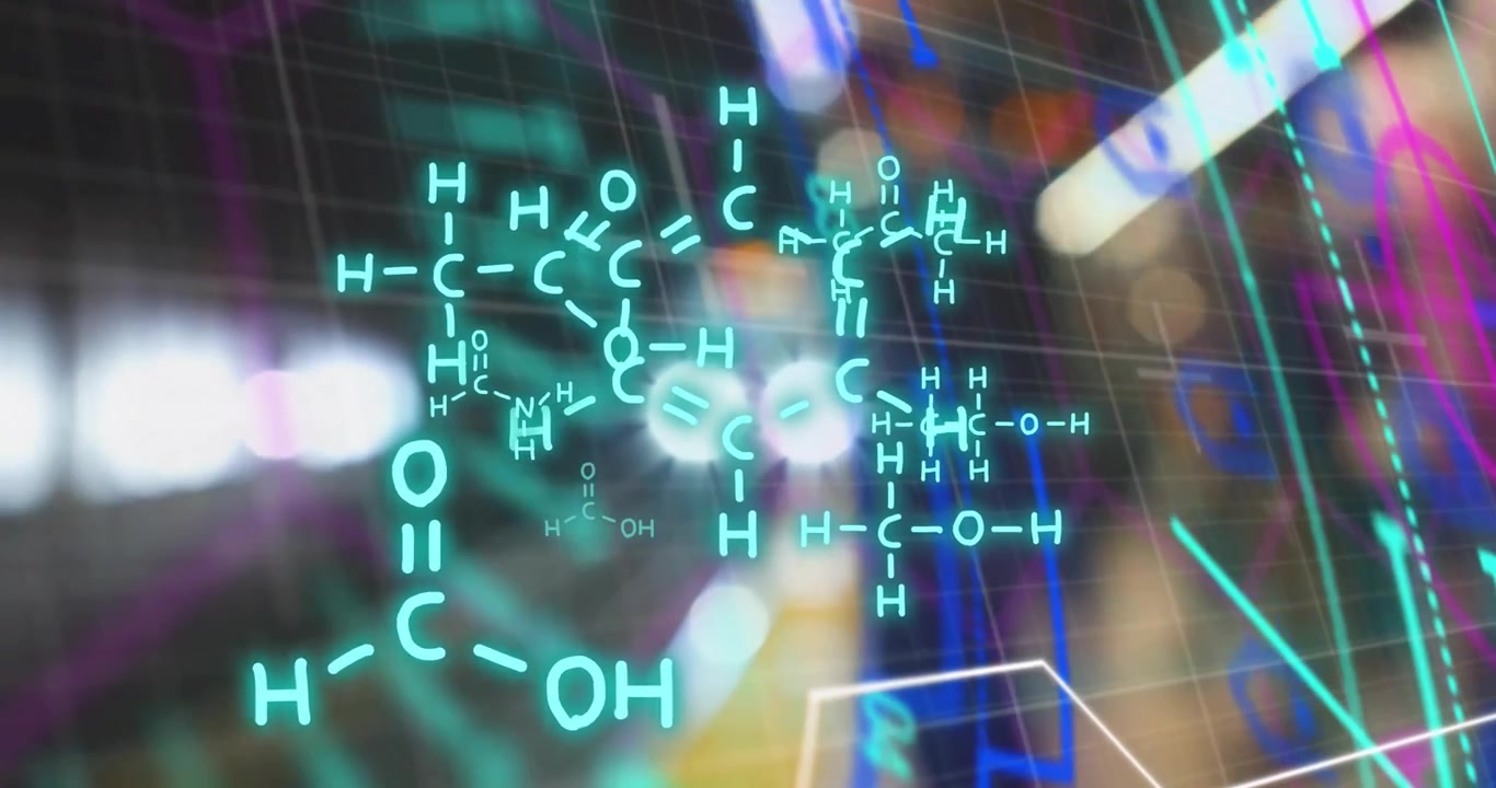 Animation of illuminated chemical formulas, mandala pattern over train arriving at subway station