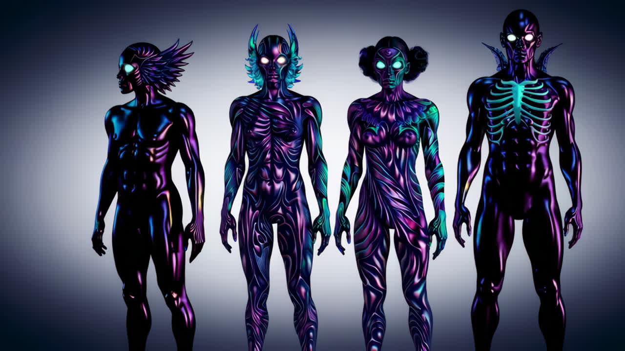 Four Digital Art Figures with Iridescent Neon Skin