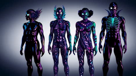 four digital art figures with iridescent neon skin