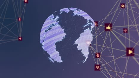 Animation-of-network-of-digital-icons-over-spinning-globe-against-purple-gradient-background