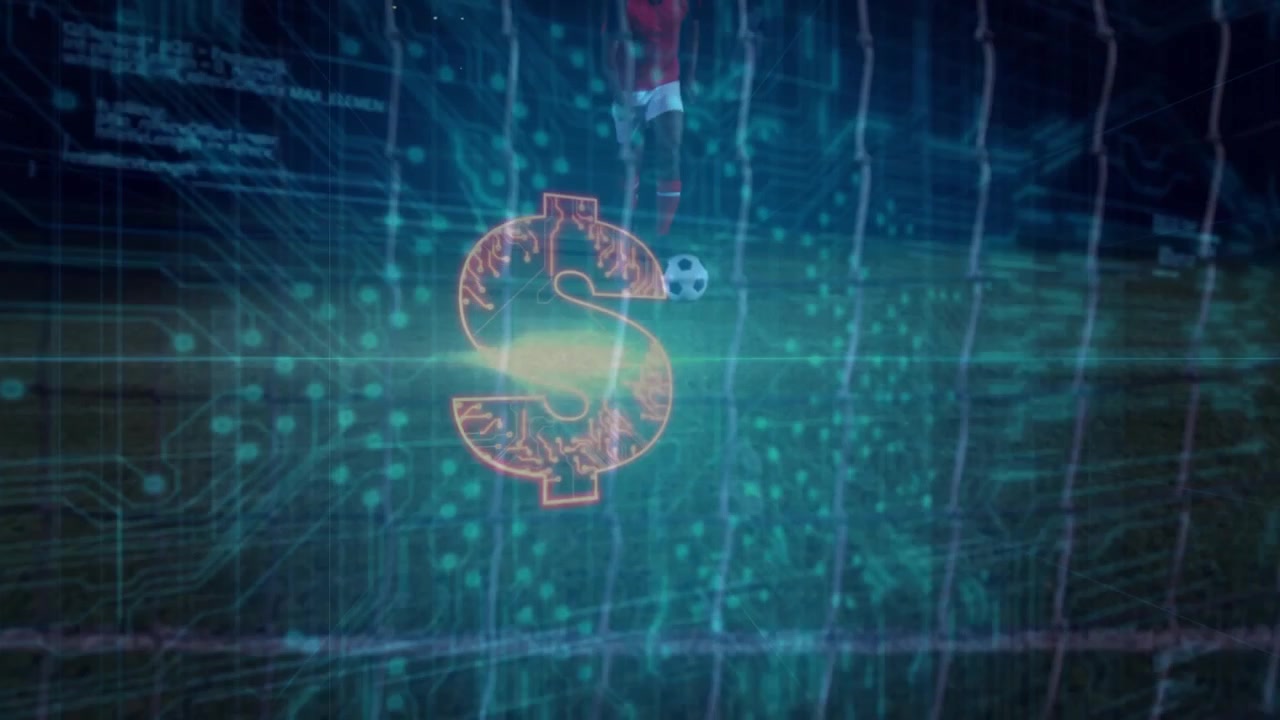 Fodboldspiller initierer datastrømme, der væver sig over bold og net, mens neondollar former finansverdenen.