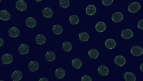 spiraling pattern of green circles on dark background