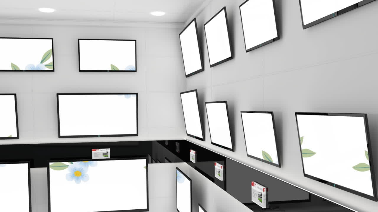 상점 디스플레이에서 여러 플래트 스크린 tv를 통해 표시되는 잎과 꽃의 애니메이션