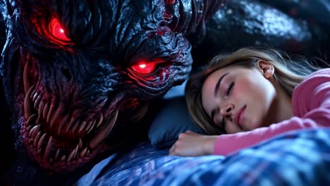 una mujer durmiendo en la cama al lado de un monstruo con ojos rojos