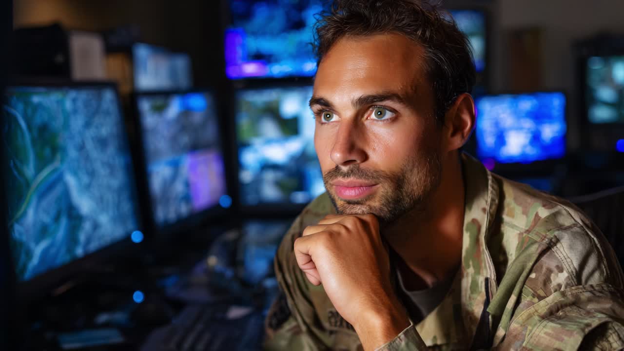 A contemplative military personnel reflects on strategy and operations while surrounded by multiple computer monitors, displaying a complex array of maps and data in a high-tech command center environment