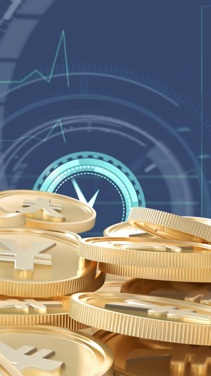 animación de monedas de reloj y yenes a través del procesamiento de datos