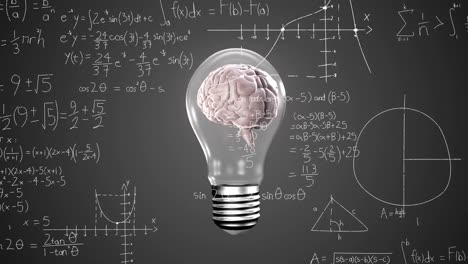 animación de ecuaciones matemáticas sobre el cerebro dentro de la bombilla eléctrica girando contra un fondo gris