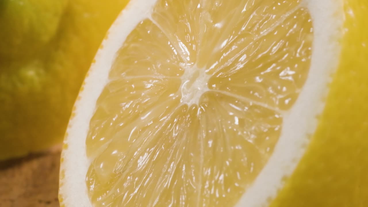 tiro macro medio limón, agua que fluye por la superficie texturada fresca en cámara lenta, fruta jugosa