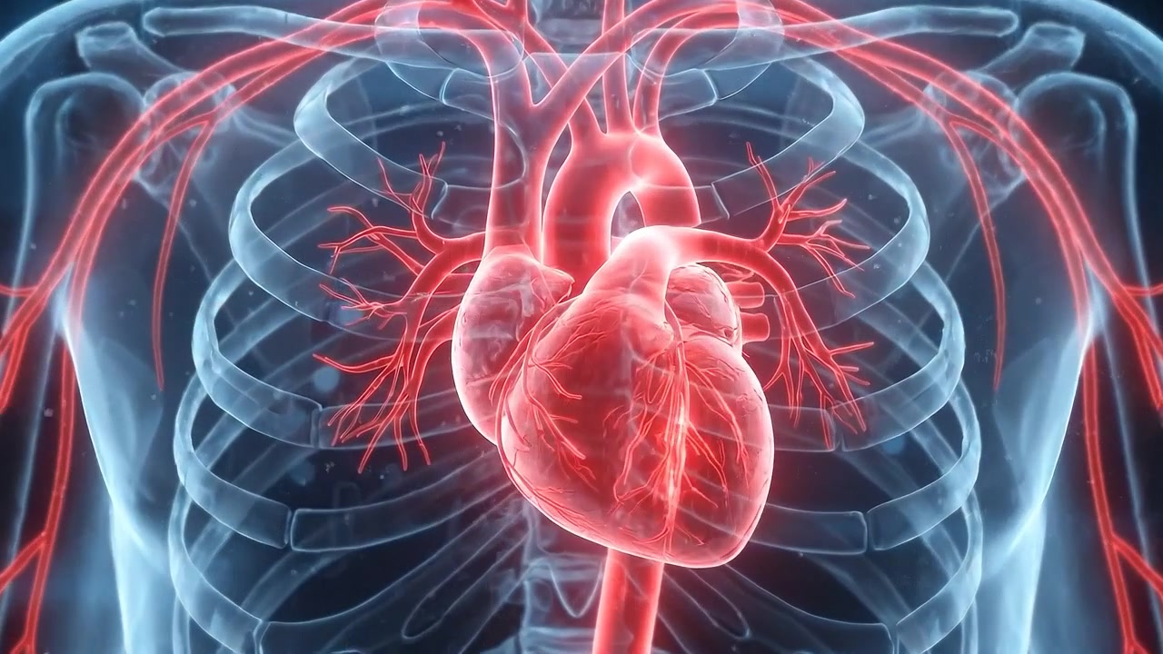 Corazón resplandeciente resaltado dentro de un tórax transparente y red arterial