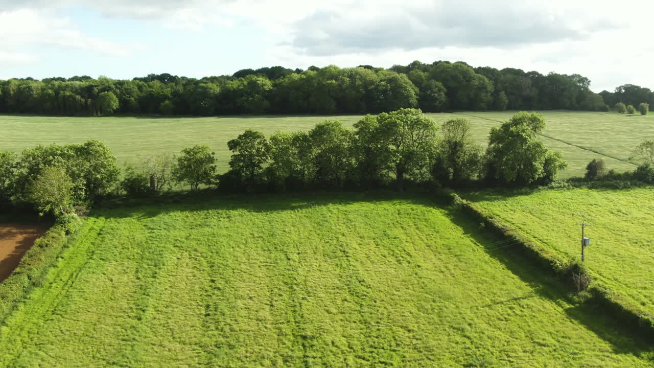 fuerte viento soplando a través de campos de cultivo verdes en el campo de yorkshire desde la vista de drones