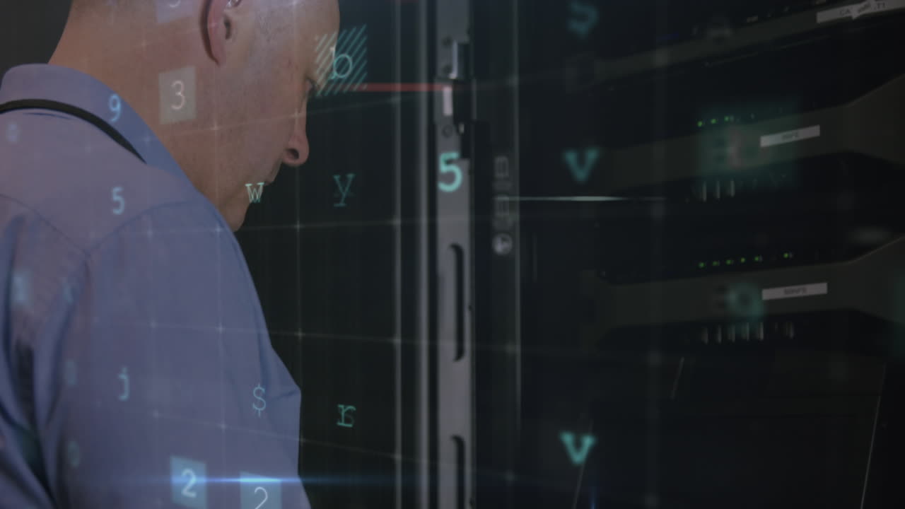 Animation of data processing with cyber attack warning over technician and computer servers