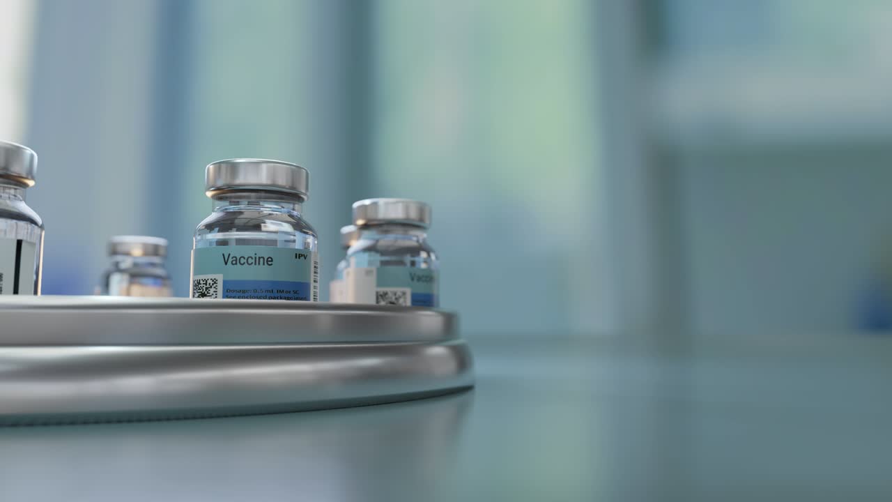 vial de ampollas de botellas de vacuna en el circuito de animación de la línea de producción del transportador