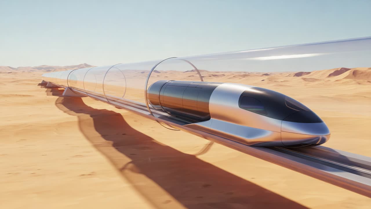 Futuristic Hyperloop Train Gliding Through a Desert Landscape, Showcasing Advanced Transportation Technology and Innovation in High-Speed Travel
