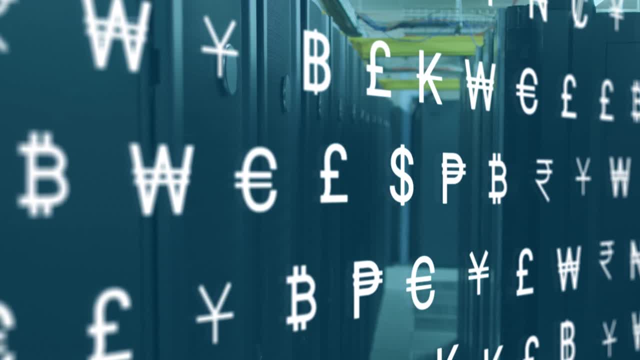 다중 통화 기호의 애니메이션 데이터 서버 랙에서 서버 방