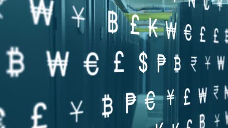 animation of multiple currency symbols over data server racks in server room