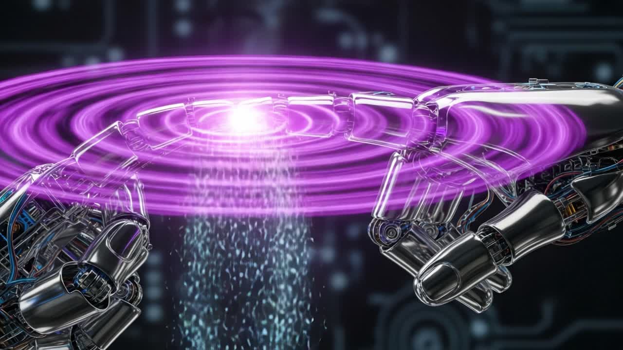 Futuristic Robotic Hands Creating Energy Waves: A Visual Exploration of Digital Connection and Power Transfer in a High-Tech Environment