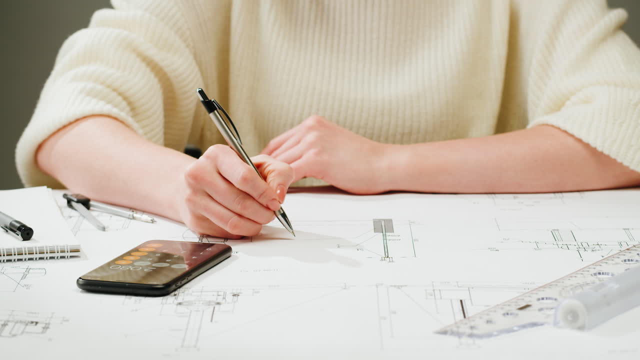 Architect or Engineer Working on Blueprints with Calculator