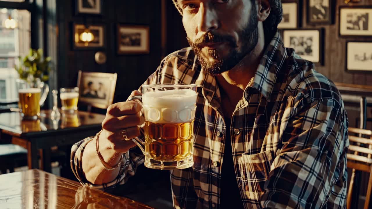 Stylish bearded man wearing a beanie and a plaid shirt is holding a glass of beer in a traditional pub with vintage photographs on the wall, enjoying a relaxing moment