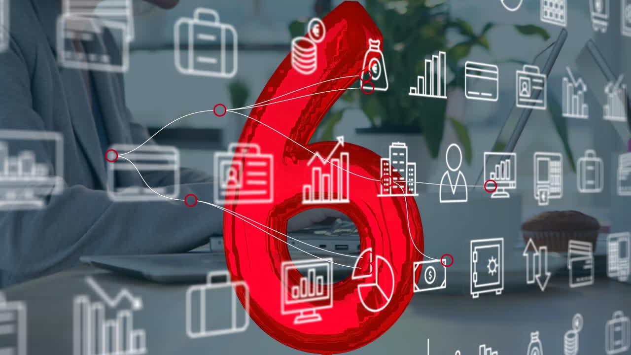 animación de iconos financieros y 6 sobre el escritorio de la oficina